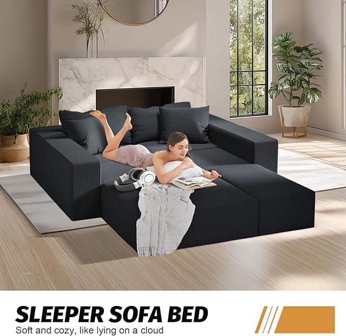151 Oversized Modular Sectional Sofa Chenille Upholstery Boneless Couch with 6 Pillows 6-Seater Deep Seat Cloud Couch Free Combination Compression Couches for Living Room No Assembly Black