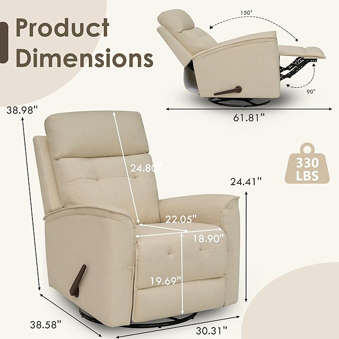 Swivel Rocker Recliner High Back Manual Glider Recliner Rocking &amp 360° Swivel Glider Rocking Recliner Chair for Small Spaces Living Room Bedroom Apartment RV Beige