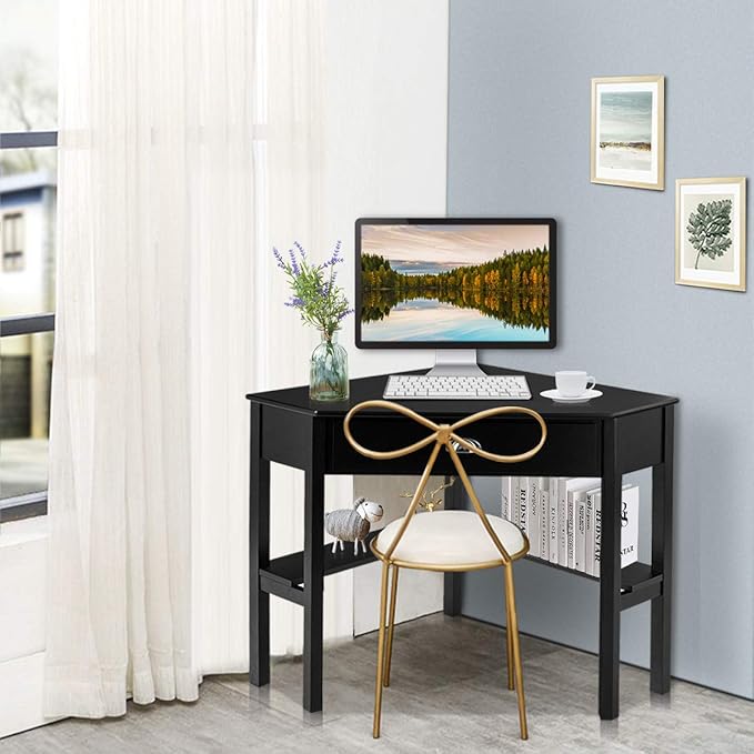 Tangkula Corner Desk Corner Computer Desk with Drawer for Small Space Small Corner Makeup Vanity Desk 90 Degrees Triangle Corner Desk with Storage Shelves
