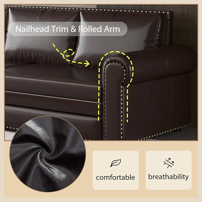 healthomse 93.7 King Size Pull Out Sofa Bed 3-in-1 Faux Leather Convertible Sleeper Sofa with Ultra Rolled Armrests Tufted Modern Sofa with 3 Pillows for Bedroom Living Room Apartment