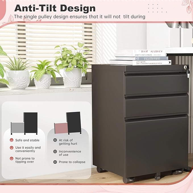 Superday Black File Cabinet 3 Drawer Fully Assemble Metal Rolling Vertical Filing Cabinet with Wheels Small Under Desk File Cabinets for Home Office