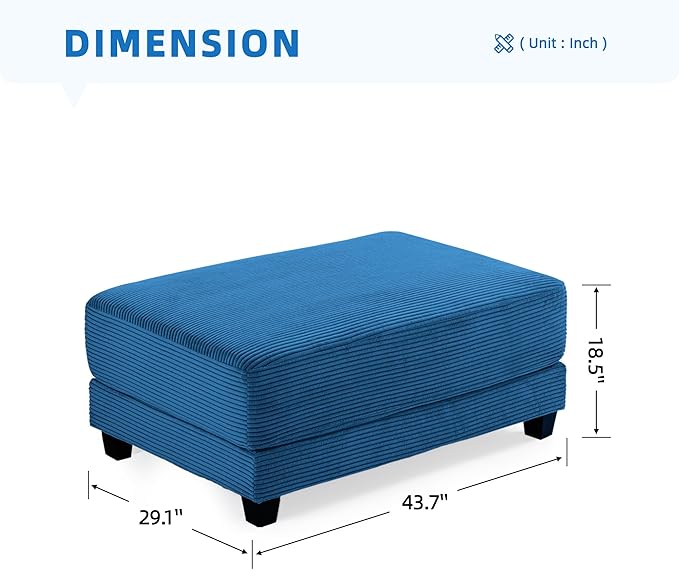 Corduroy Ottoman for Sectional Sofa Modular Footrest with Wooden Legs 43.7 x 29.1 x 18.5 Inches Convertible Furniture for Living RoomBlue