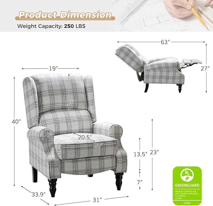 HULALA HOME Upholstered Wingback Recliner Chair Small Adjustable Footrest Push Back Single Reclining Sofa Mid Century Modern Lounge Armchair for Living Room Bedroom Reading/Plaid Grey