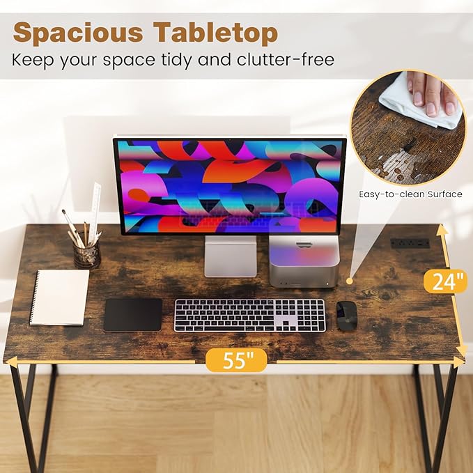 Giantex 55 Inch Computer Desk with Charging Station Gaming Desk with Storage Bookshelf Large Computer Workstation w/Heavy Duty Metal Frame Modern Study Writing Desk for Home Office (Rustic Brown)