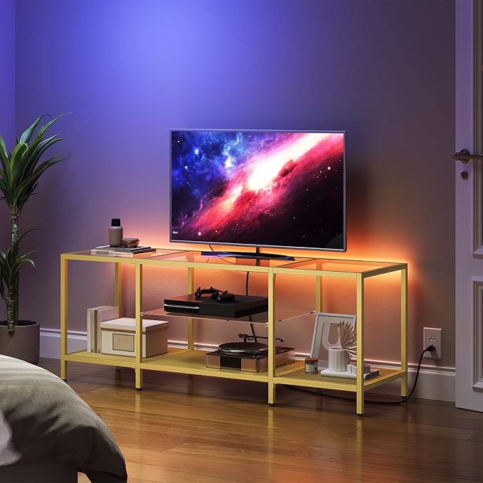 HOOBRO TV Stand with LED Lights and Power Outlets for TVs up to 65 Modern 55 Inch Tempered Glass TV Console Table with Open Shelves Media Entertainment Center for Living Room Gold GD145UDS01