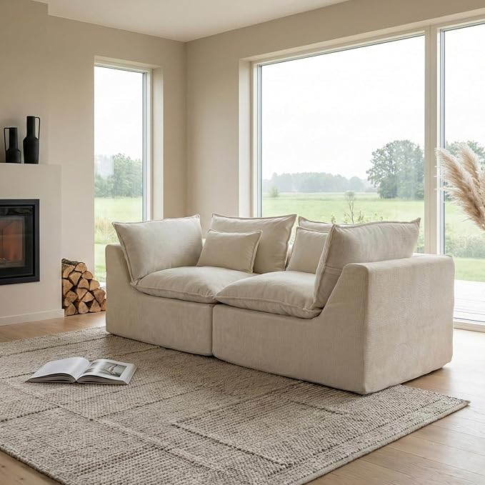 75 Cloud Loveseat Sofa for Small Space Waffle Knit Boneless Couch Deep Seat Oversized 2-Seater Modular Foam Apartment FurnitureWhite