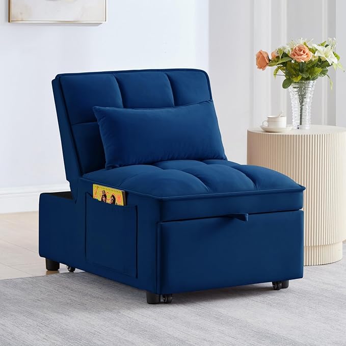 KEIKI Velvet Single Convertible Sleeper Chair Sofa Bed with Adjustable Backrest Pillows &amp Storage Pockets 3 in 1 Pull-Out Couch Chaise Lounge Recliner for Living Room Balcony Bedroom Navy
