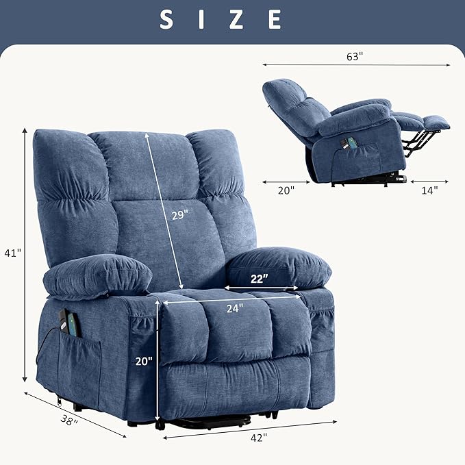 Fantasylab Power Lift Recliner Chairs Modern Power Lift Chair with Heat and Massage Lift Chair Recliners for Elderly Recliner Sofa USB Port Remote Control Adjustable Furniture