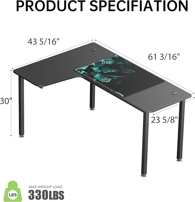 EUREKA ERGONOMIC 60 Inch Black Corner L Shaped Computer Desk Home Office Gaming Study Work Writing Table Long Large Sturdy Workstation Simple Modern with Metal Legs Left Side