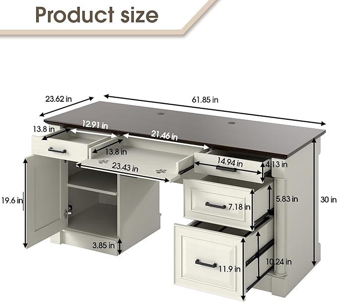 61.85″ Executive Desk with Roman Column Design Large Boss Office Desk 3 Drawers incl. File Drawer Keyboard Tray Cabinet Shelf with Door White with Brown Desktop