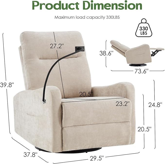 Oversized Swivel Rocking Chair Ergonomic Recliner Chair with Phone Holder Lazy Boy Fabric Sofa Chair with Lumbar Support Manual Glider Chair for Living Room RV Beige