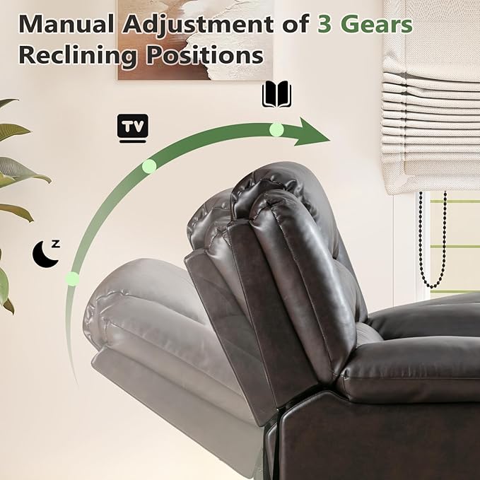 ANJ Manual Recliner Chair Breathable Faux Leather Reclining Chairs with Overstuffed Arm and Back Living Room Single Sofa Recliners (Dark Brown)