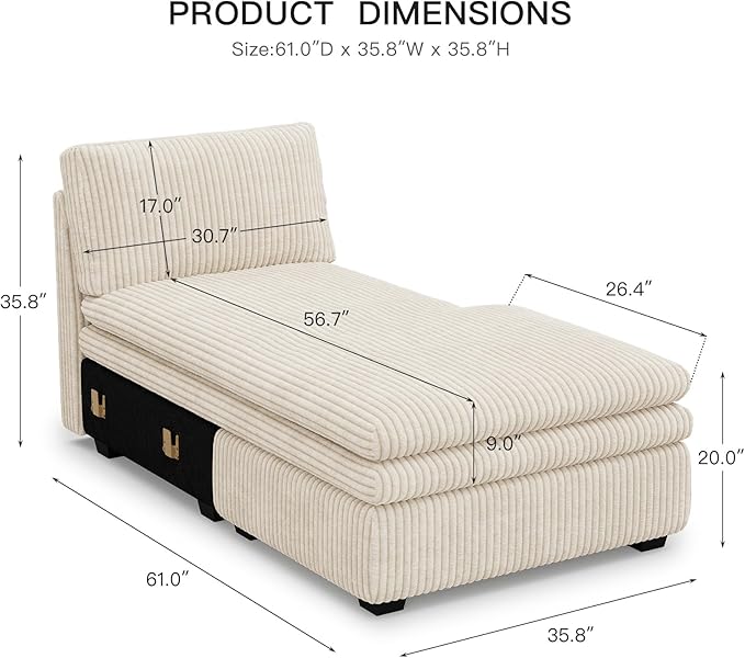 Belffin Chaise Module for Large Modular Sectional Sofa Upholstered Right-Facing Chaise Part for Plush Corduroy Sectional Couches for Living Room Apartment Beige