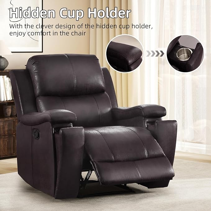 EBELLO Recliner Chair Single Overstuffed Sofa Recliner Breathable Faux Leather Manual Reclining Chairs with Hidden Cup Holder Arm and Back for Adults Living Room Bedroom Dark Brown