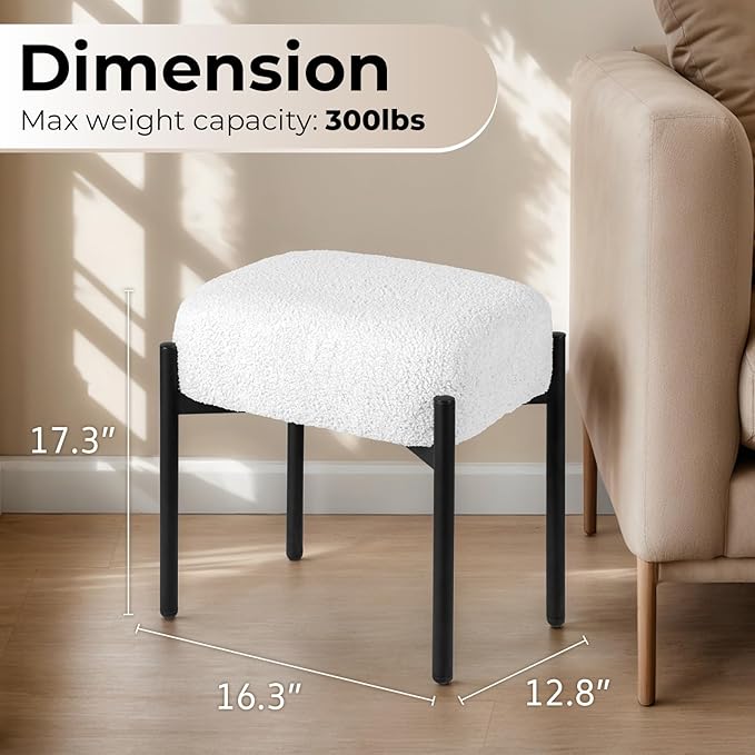 Vanity Stool Chair Faux Fur 16.3 L x 12.8 W x 17.3 H Soft Ottoman Makeup Chair Bench Furry Padded Seat with 4 Metal Legs Footstool Multifunctional Chairs for Bedroom Living Room