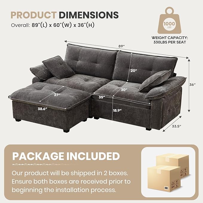 89'' L Shaped Modern Sofa Modular Sectional Cloud Couch with Ottoman Comfy Chenille Deep Seat Sofa with Throw Pillows/USB 2 Seater Couch for Living Room for Living Room Office and Apartment