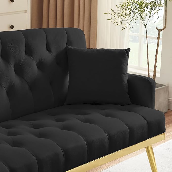 Velvet Tufted Small Loveseat Sofa Modern 2 Seater Small Sofa Couch with Gold Metal Legs and 2 Pillows for Living Room (Black)