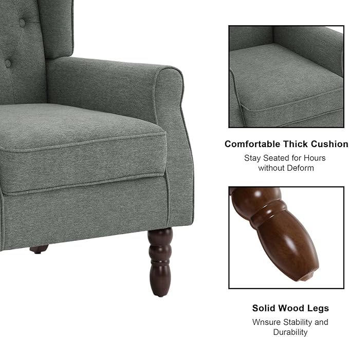 Accent Chair Upholstered Armchair with Button Tufted High Back &amp Solid Wood Legs Comfy Wingback Reading Single Sofa Chair for Small Spaces Living Room Bedroom (Grey Set of 1)