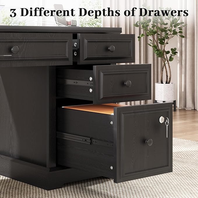 Vipbear 59 Executive Desk Farmhouse Computer Desk with Drawers Lockable File Drawer Storage Cabinet &amp Power Outlet Rustic Home Office Desks Workspace for Work Study Writing Black