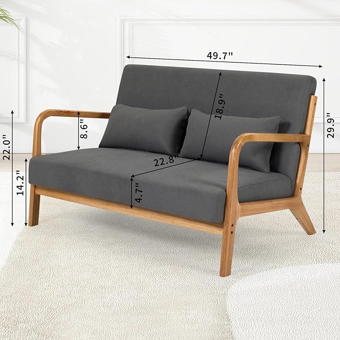 Modern Compact 48'' Loveseat with Linen Upholstery and Wood Legs Perfect for Bedroom Living Room Furniture (Dark Gray)