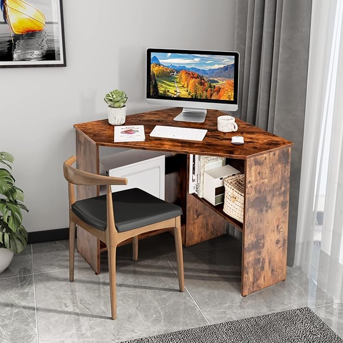 COSTWAY Corner Computer Desk Space-Saving Triangular Writing Desk w/ 2 Storage Shelves &amp 2 Cable Holes Multi-Functional Console Table for Small Space in Home Office Living Room Bedroom (Coffee