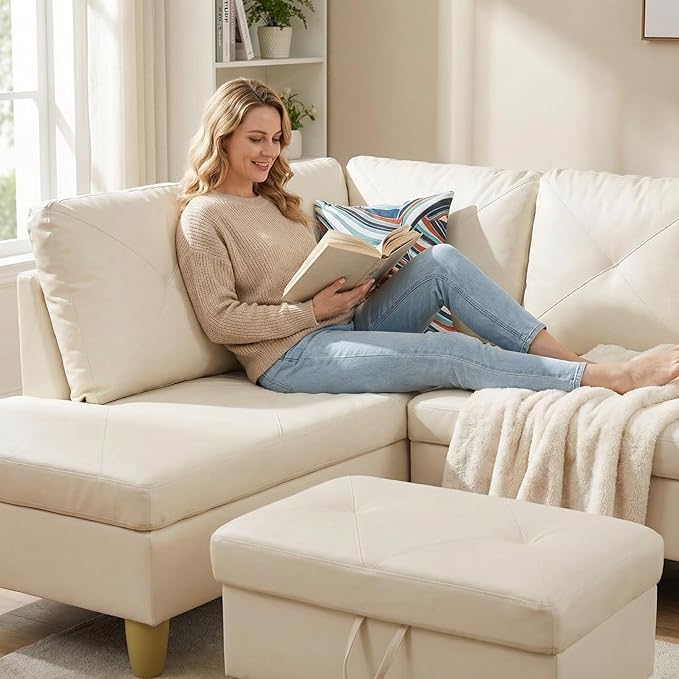 3-Piece L-Shaped Modular Leather Sofa – Convertible Sectional Couch with Movable Chaise &amp Storage Ottoman Multi-Scene Use for Living Room Apartment &amp Office White
