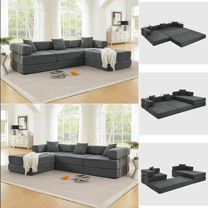 HANXIN 108 Modular Sectional Sofa Futon Convertible Sofa BedOversized Corduroy Boneless Couch for Living RoomFloor Loveseat Sleeper with Pull Out BedFree CombinationNo Assembly Required (Grey)