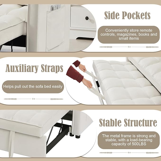 3 in 1 Convertible Sleeper Sofa Couch with Pull Out Bed55 Velvet Upholstered Futon Sofa BedModern Loveseat Sleeper Chaise with Adjustable Backrest for Living Room Guest Room Apartment(White)
