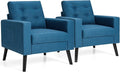 Giantex Set of 2 Modern Accent Chair Upholstered Living Room Chair Button Tufted Single Sofa Couch Bedroom Reading Guest Room Patented Linen Fabric Armchairs with Side Pockets and Wood Legs Blue