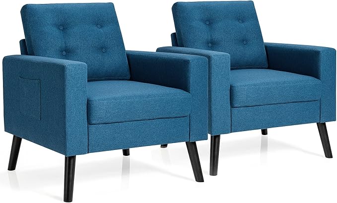 Giantex Set of 2 Modern Accent Chair Upholstered Living Room Chair Button Tufted Single Sofa Couch Bedroom Reading Guest Room Patented Linen Fabric Armchairs with Side Pockets and Wood Legs Blue