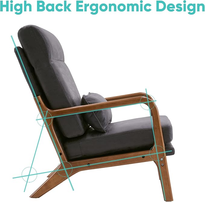 JOYBASE Mid Century Modern Lounge Chair - High Back Wooden Frame Comfortable Reading Chair for Living Room Office Bedroom (Dark Grey Bronzing Cloth)