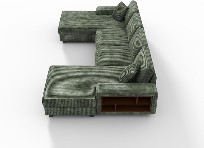 137” Oversized Corduroy Sectional Sleeper Sofa with Double Storage Chaise U Shaped 4 Seat Sectional CouchGreen