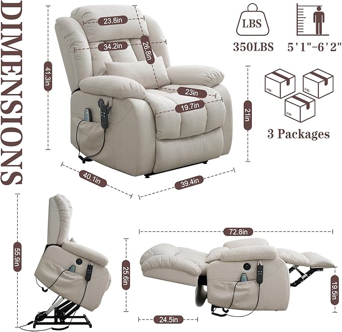 Infinite Position Lay Flat Lift Recliner Chair for Adults Dual Motor Power Lift Chair for Elderly with Massage &amp Heating USB Ports Remote Control &amp Lumbar Pillow Linen Fabric (Ivory)