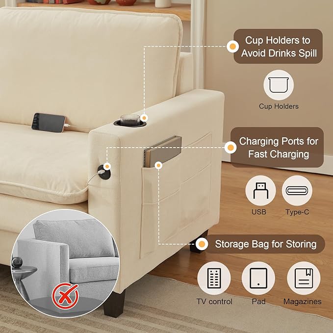 152 L Shaped Sectional Couch Chenille Sectional Couches for Living Room Modular Cloud Couch with Movable Ottoman Modern Cloud Sofa with Charging Station Cup Holder Side Pocket Beige