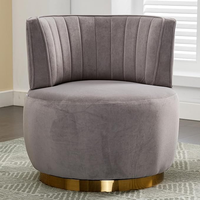 Small Barrel Chair Swivel Barrel Chair with Thicken Backrest Round Accent Chair for Living Room Bedroom Office Comfortable Velvet Fabric Soft High-Density Foam Padding (Gray)