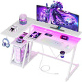 40 Inch Gaming Desk with Power Outlet &amp LED Lights L Shaped Computer Gaming Table with 3 Tiers Storage Shelves Corner Gamer Desk with Monitor Stand for Small Space Carbon Fiber White