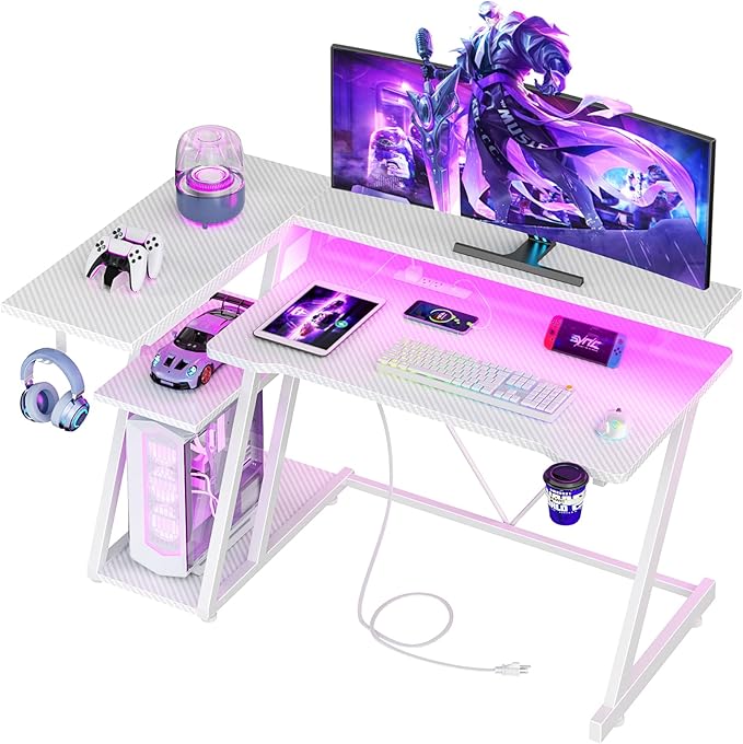 40 Inch Gaming Desk with Power Outlet &amp LED Lights L Shaped Computer Gaming Table with 3 Tiers Storage Shelves Corner Gamer Desk with Monitor Stand for Small Space Carbon Fiber White