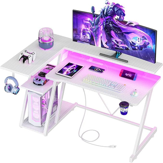 40 Inch Gaming Desk with Power Outlet &amp LED Lights L Shaped Computer Gaming Table with 3 Tiers Storage Shelves Corner Gamer Desk with Monitor Stand for Small Space Carbon Fiber White