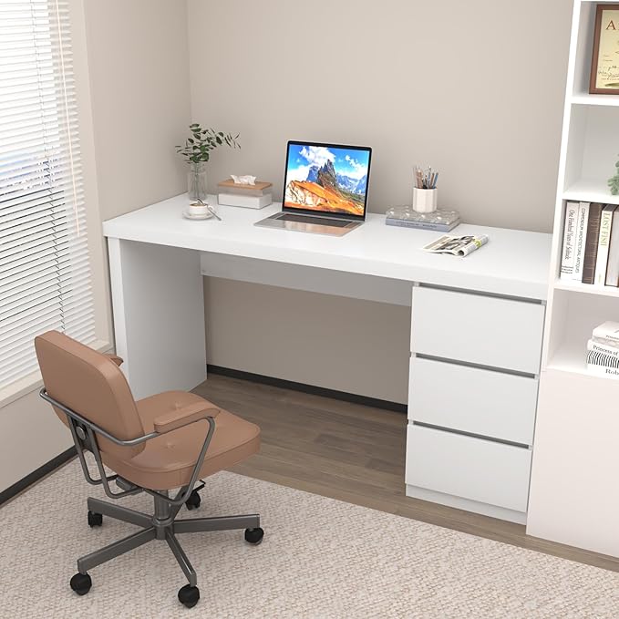 Desk with Drawers White Computer Desk with 3 Drawer Small Space Writing Desk with Drawers for Home Office Modern Simple Design 53.3 Inch