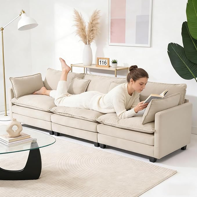 Redlife 148 Modular Sectional 4-Seater Sofa with 2 Ottomans Chenille Sectional Couch Set with Spring &amp Double Foam Cushion System Removable Covers Easy to Assembly Beige
