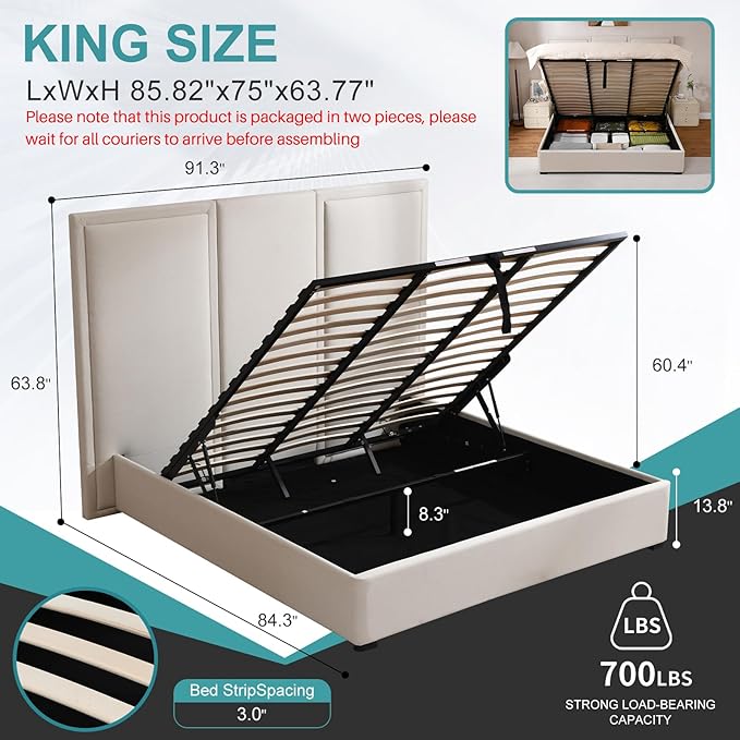 YUHUASHI King Size Bed Frame with 64-inch High Headboard Simple and Airy Linen Upholstered Platform Bed with Storage Drawers Wood Slat No Noise (Beige King(Hydraulic Lift))