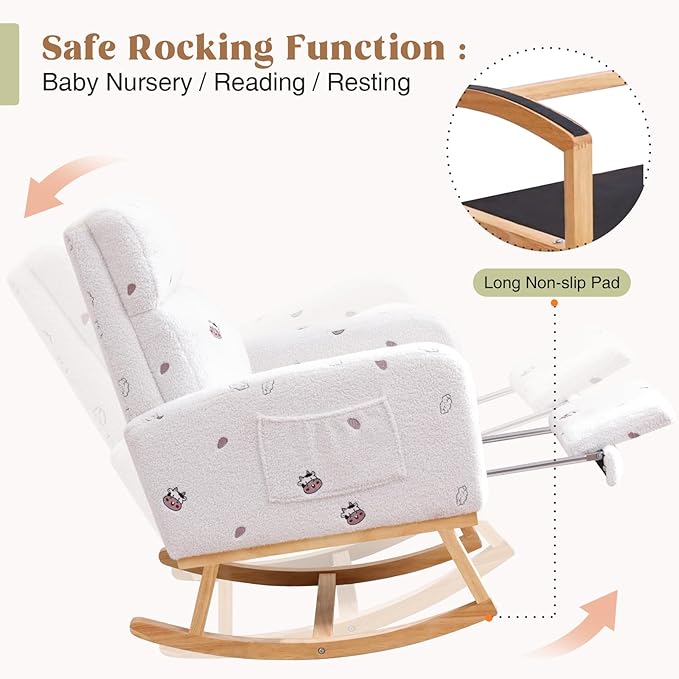 Rocking Chair Nursery with Foot Rest Nursing Rocking Chairs for Mom Breastfeeding Teddy Rocker Glider Chair with High Backrest for Living Room Bedroom Cow Printed White