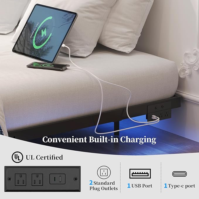 Floating Bed Frame Full Size with Smart LED Lights and Charging Station Heavy Duty Modern Metal Platform Bed No Box Spring Needed - Easy Assembly and Noise Free