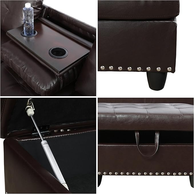 L Shaped Sectional Couches Convertible Lounge Leather Couch with Reversible Cup Holder Nail-Head Design Modern Modular Sectional Sofa for Living Room Furniture Sets Brown A