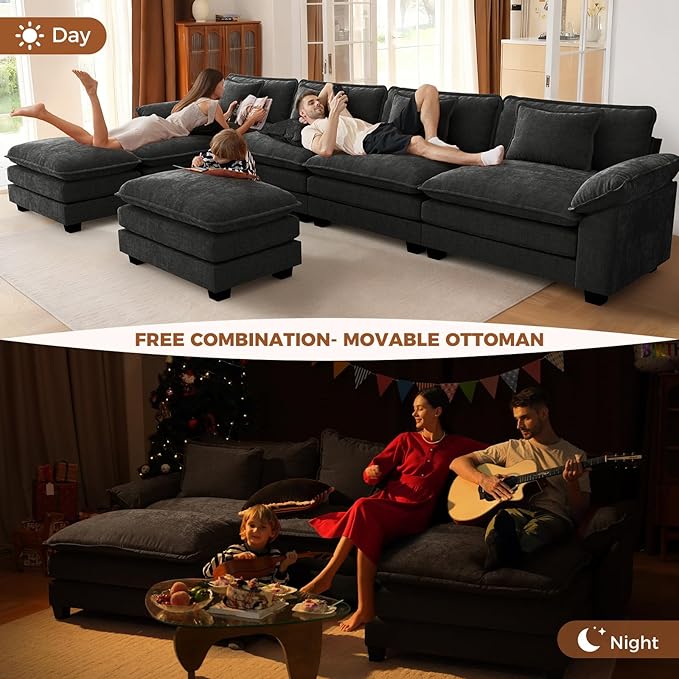 CDCASA 117 Oversized L-Shaped Modular Sectional Cloud Couch with Corner Comfy 5-Seat Sofa w/Ottoman Chenille Deep Seat Modern Sofa Couch for Living Room Apartment DIY Combination Black