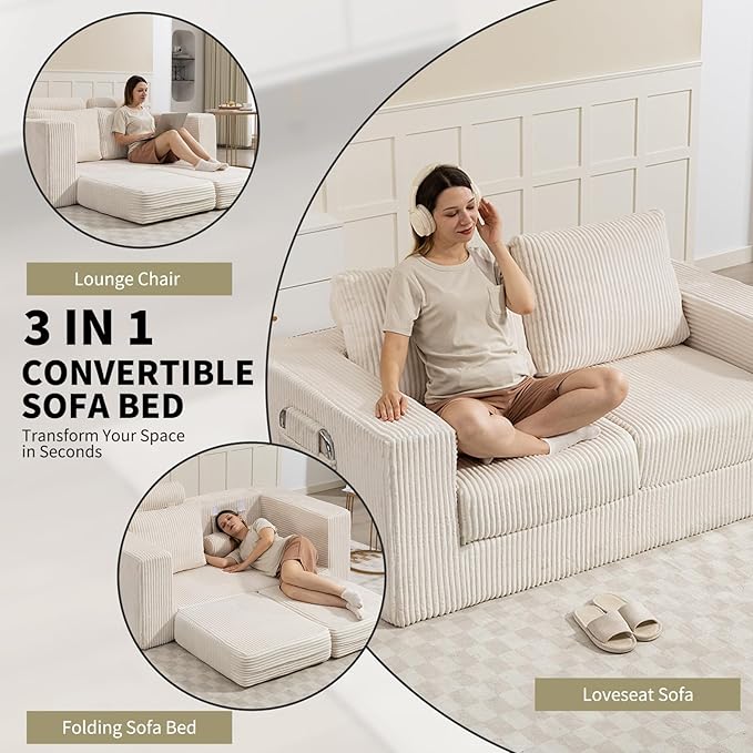 J.C.UP 69'' Convertible Sofa Bed Pull Out Loveseat Sleeper Sofa 2 Seater Boneless Folding Sofa Bed Floor Couch with Deep Seat Chaise Lounge for Living Room Bedroom No Assembly Required Beige