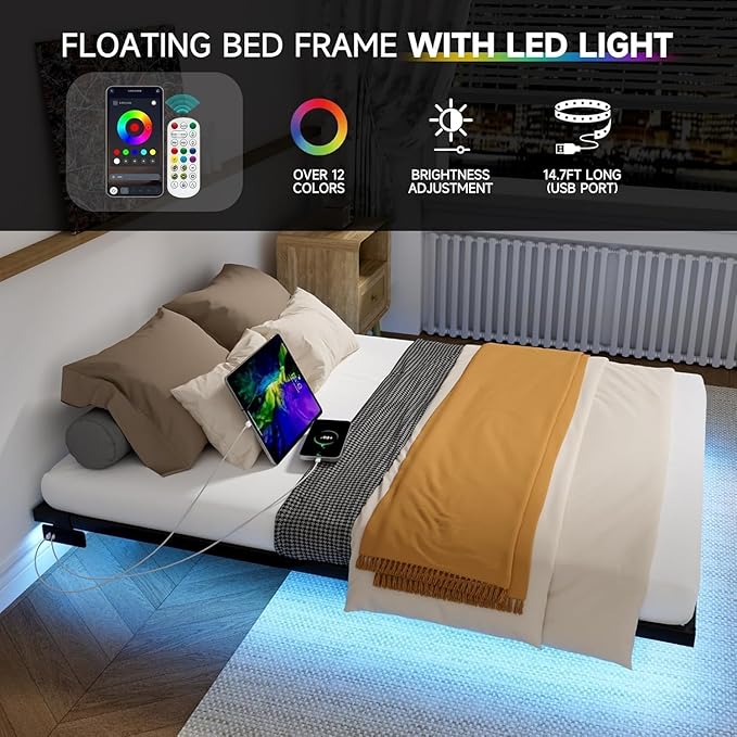 Floating Bed Frame King Size with LED Lights and Charging Station Metal Platform Bed Easy Assembly No Box Spring Needed