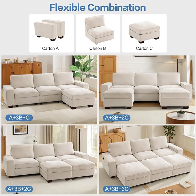 TEKAMON 100 Modular Sectional Sofa with Seats Storage L Shaped Couch with Movable Ottoman for Living Room Couch with Chaise Solid Wood Frame Spring Cushions USB Port Removable Covers Beige | S