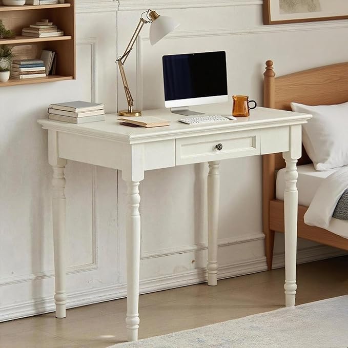 French Country Style Writing Desk35 Solid Wood Farmhouse Computer Table with DrawersRustic White Finishfor Home Office Study or Living Room Workspace