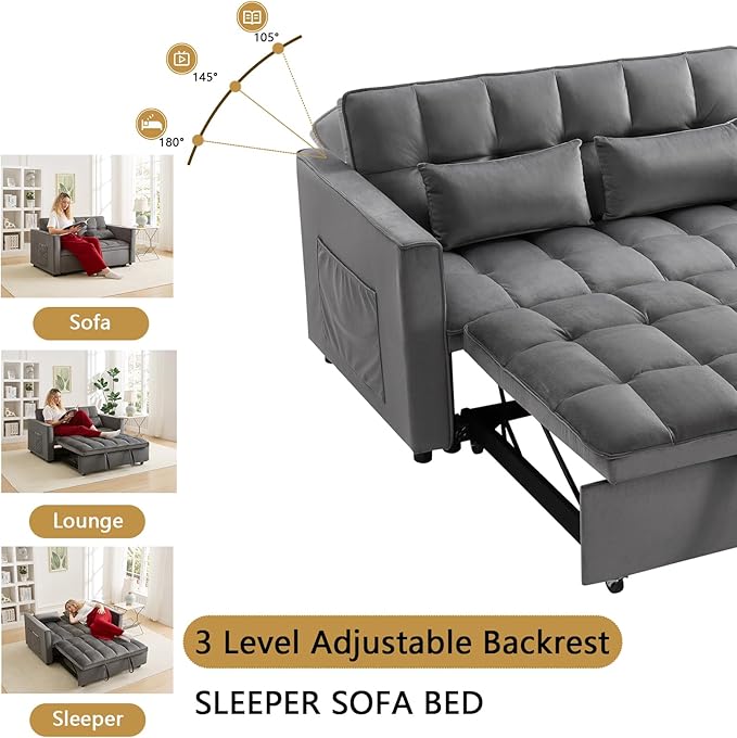 54'' 3 in 1 Convertible Sleeper Sofa Bed Futon Couches Bed for Living Room with Side Pocket | Adjustable Backrest| Velvet Fabric | Pull Out Couch | Love Seat Sofa Grey